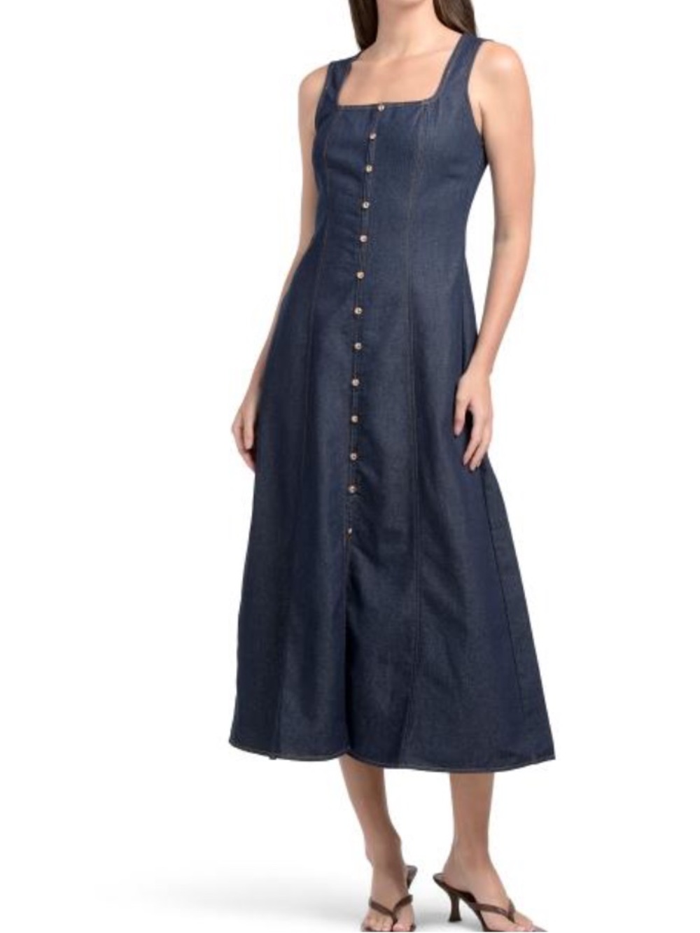 Zoe & Claire Sleeveless Dark Blue Linen Blend Denim Button-Front Midi Dress